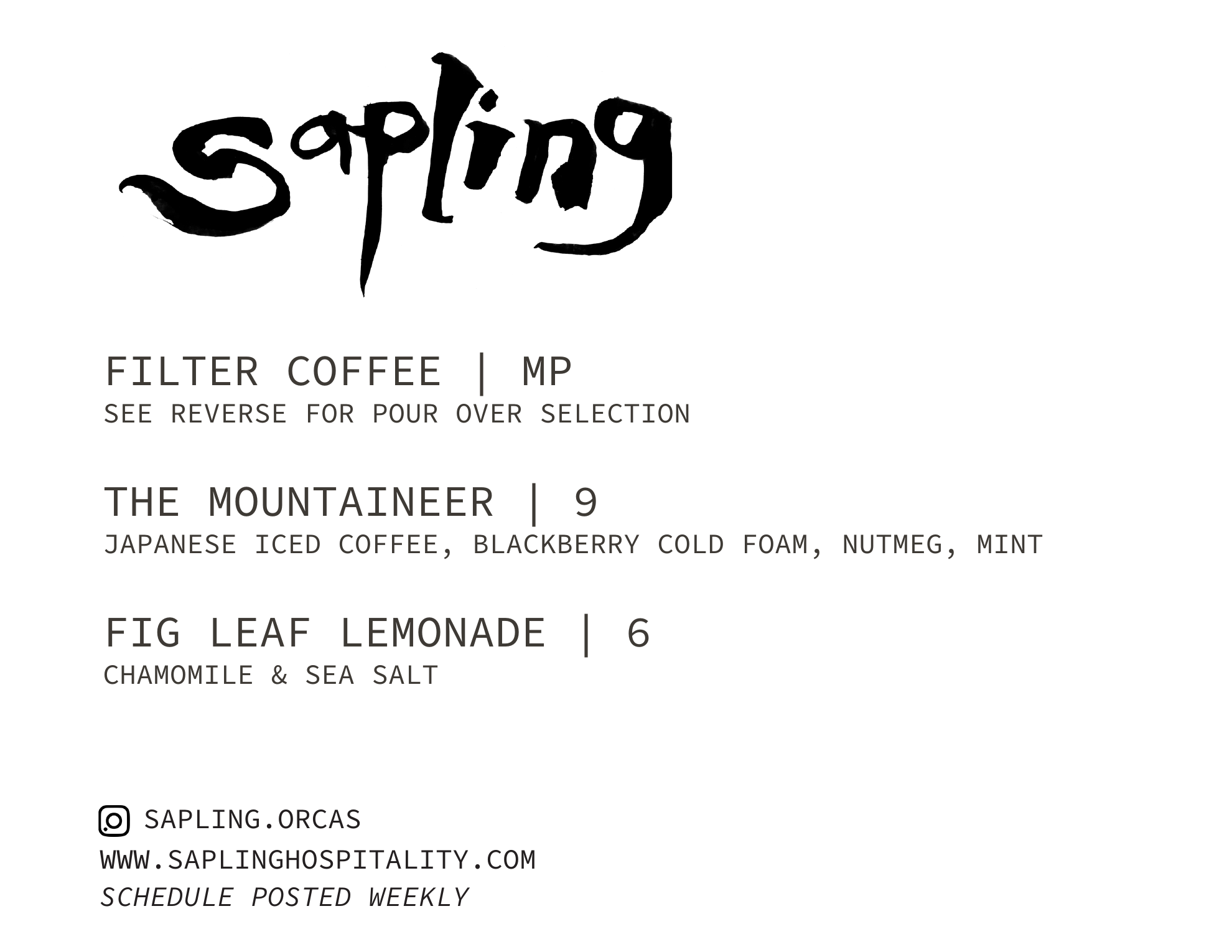 Sapling base menu and tea selection